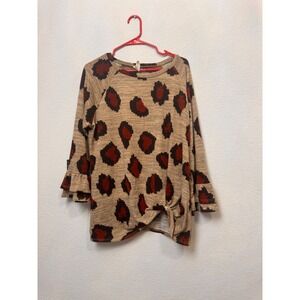 Now N Forever Women's Leopard Print Tie Front Ruffle Cuff Long Sleeve‎ Top
